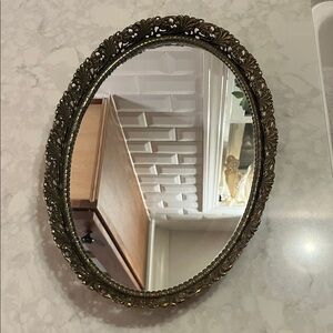 Vintage Hollywood mirror vanity bureau tray. Floral pattern.  Footed.